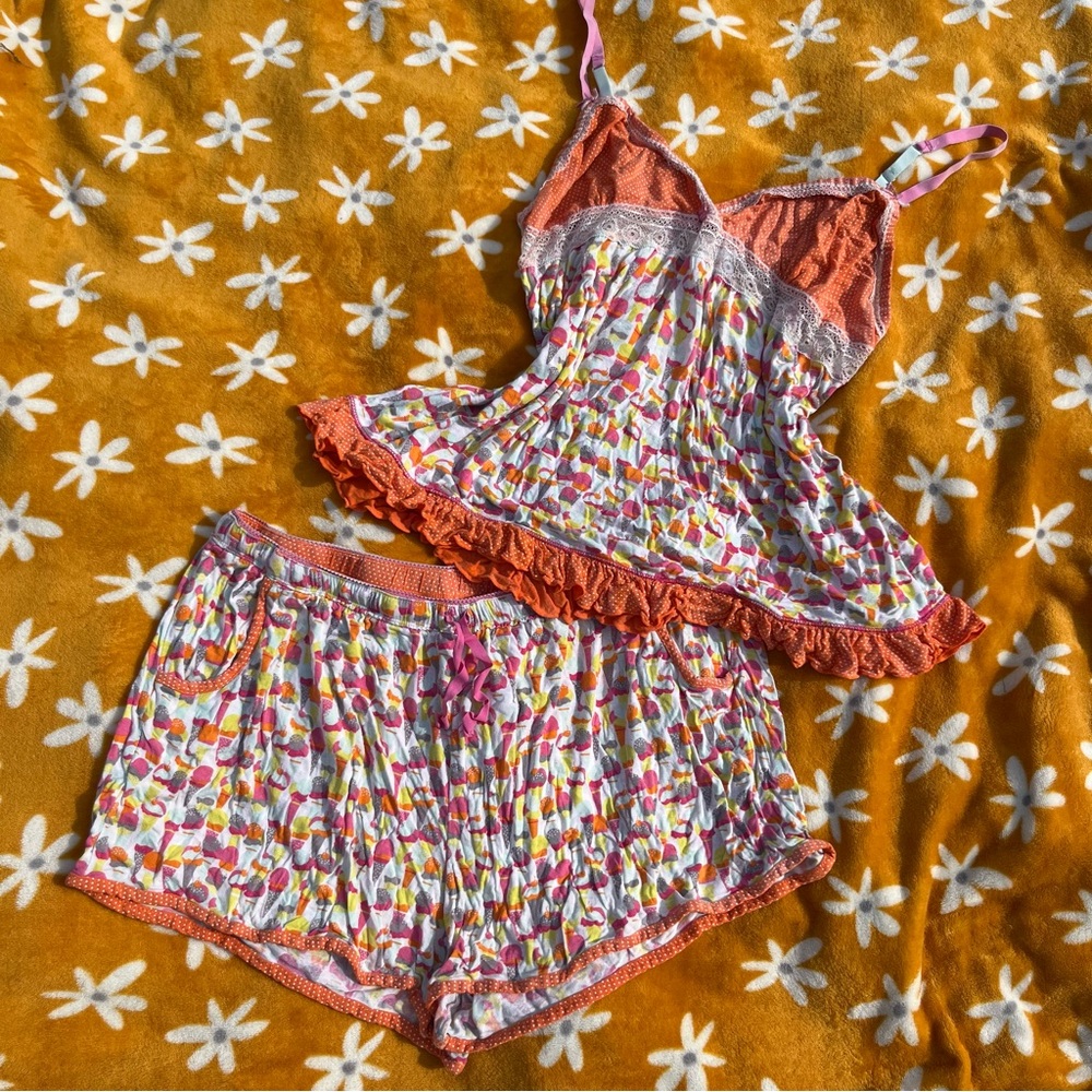Vintage Colorful Ice Cream Pattern Matching Pajama Set Shorts & Tank Size XL